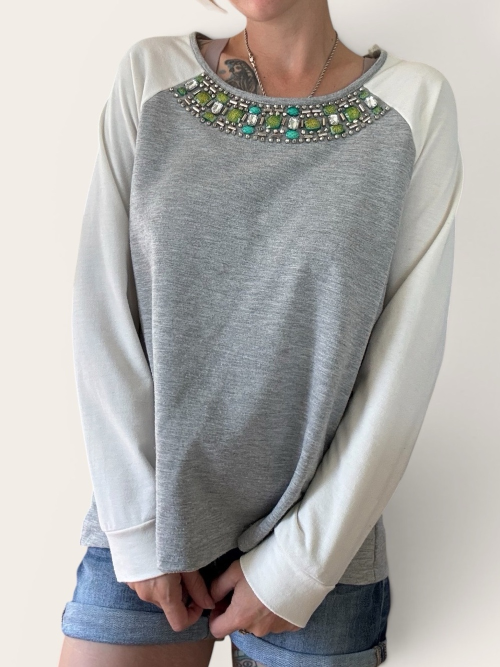 Embellished Grey and White Raglan Sweatshirt - Women's - M